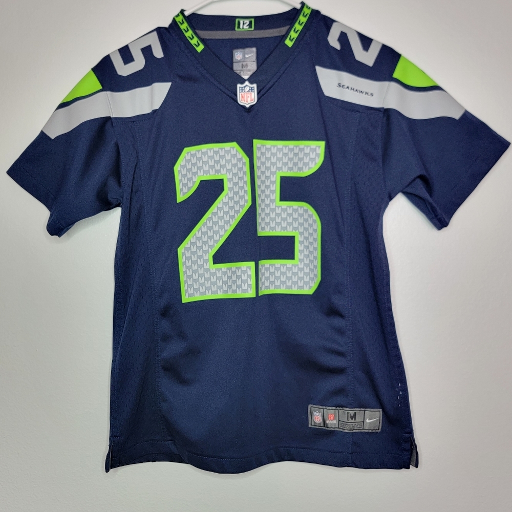 Nike NFL Seahawks Richard Sherman 25 Navy Blue Green Boys Medium (10/12) Jersey